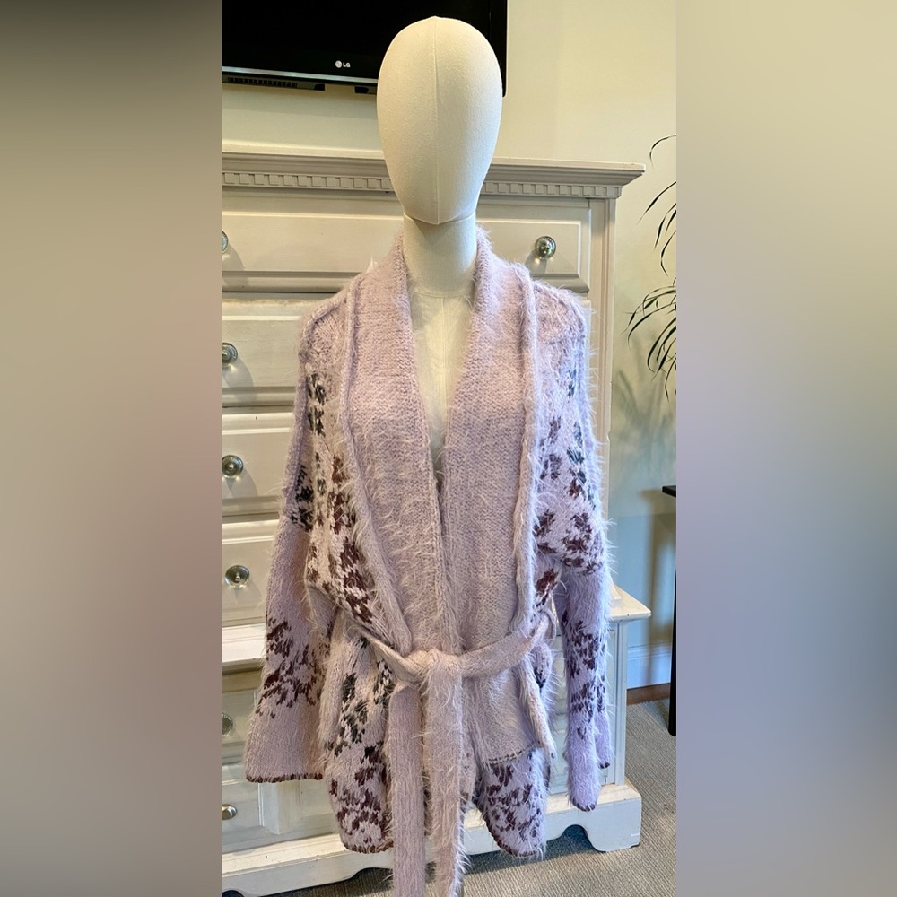 FREE PEOPLE Lavender  cable knit Cardigan with Patterned Sleeves